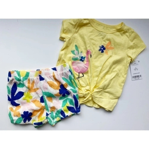 Carters • NWT Yellow Floral Flamingo Shirt Shorts Set - Picture 2 of 6